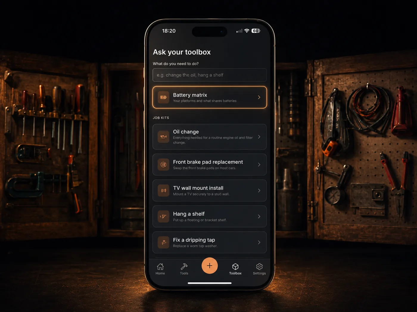 Ask your toolbox screen in Fettle, showing job kits and AI answers in front of a tool cabinet