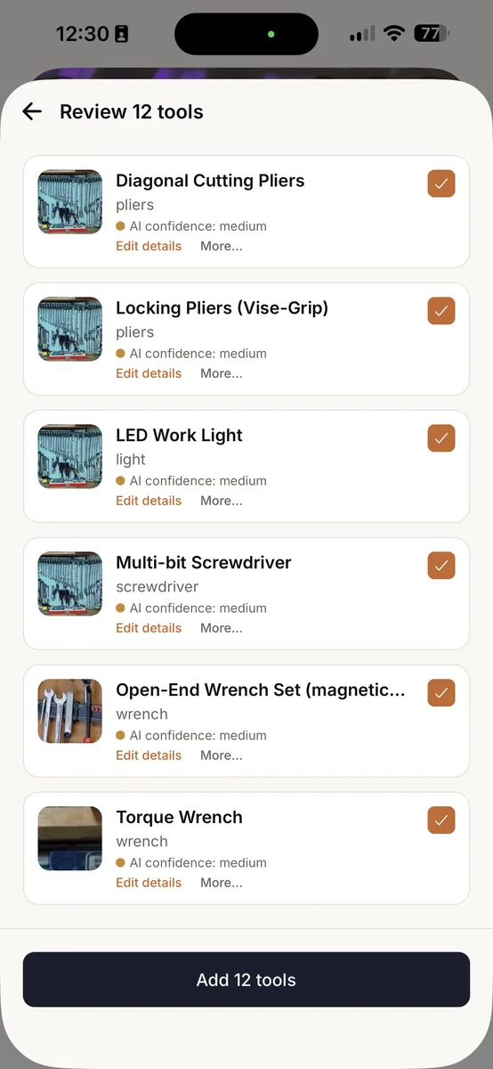 A Fettle review screen listing several catalogued tools - shown here as the closest real screenshot to illustrate the lending ledger, which tracks tools the same way